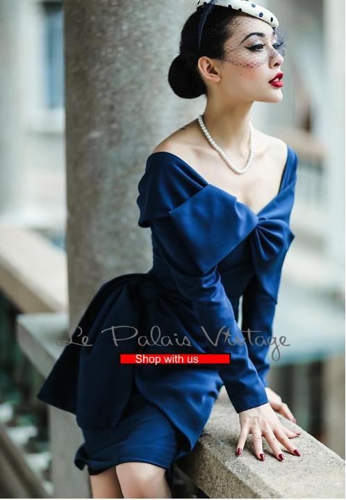 Le Palais vintage retro 1950 pin up blue collar bow slim pencil dress- Maya.
