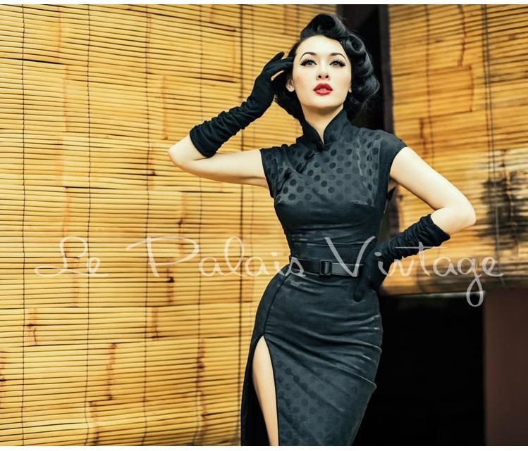 retro sexy dress Le Palais vintage retro sexy slit jacquard pinup polka dress- Usera XS