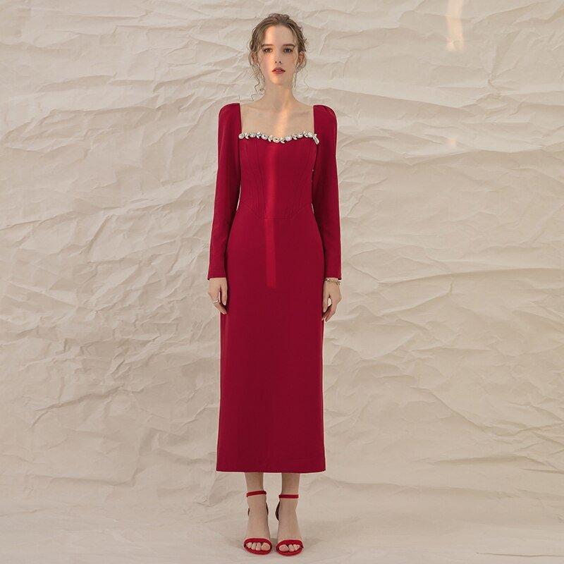 Luxury Red Elegant Square Collar long Sleeve midi pencil dress - Juika S Luxury Red Elegant Square Collar long Sleeve midi pencil dress - Juika S