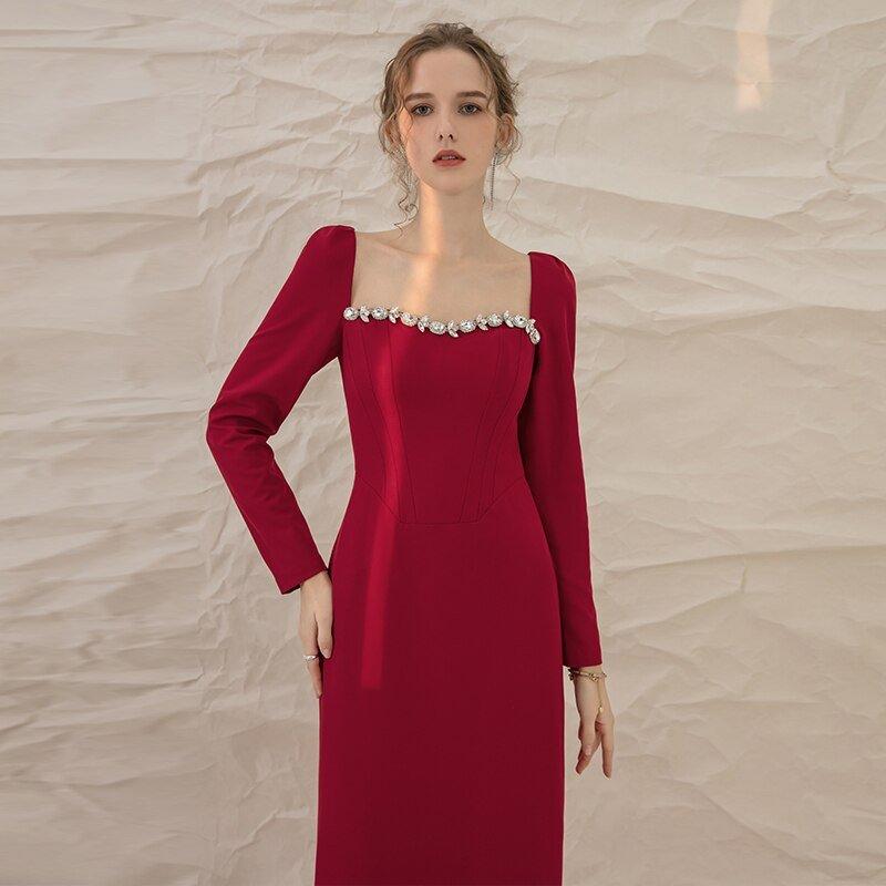 Luxury Red Elegant Square Collar long Sleeve midi pencil dress - Juika S Luxury Red Elegant Square Collar long Sleeve midi pencil dress - Juika S