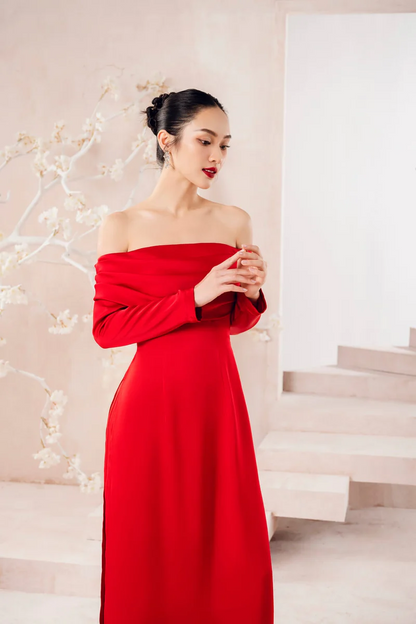 Draped-off shoulder for elegance, long sleeves and two-flap design straight pants with wide legs- Clelia