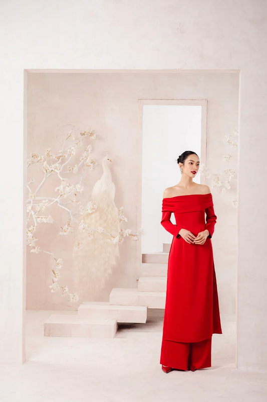 Draped-off shoulder for elegance, long sleeves and two-flap design straight pants with wide legs- Clelia