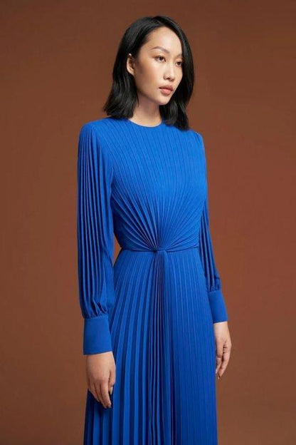 High end long sleeve pleated royal blue dress- Kari