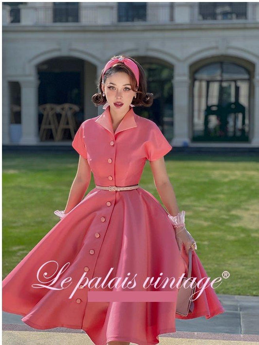 Elegant vintange pictorial 50's satin swing pink dress- Sari