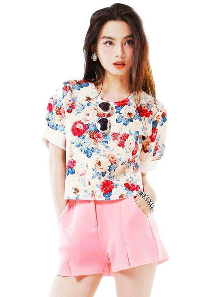 Limited edition one of a kind designer unique floral printed scuba neoprene beige blouse-Blusa
