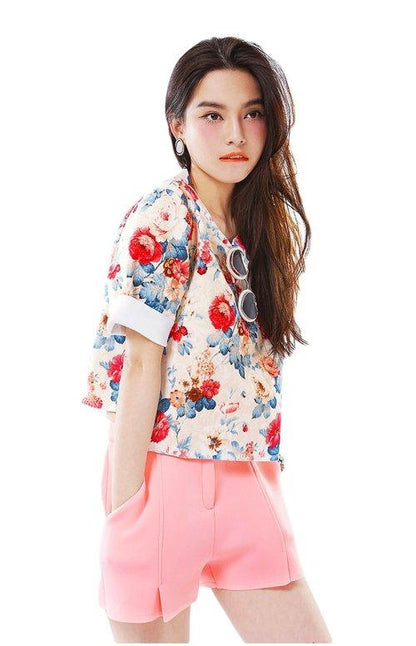 Limited edition one of a kind designer unique floral printed scuba neoprene beige blouse-Blusa