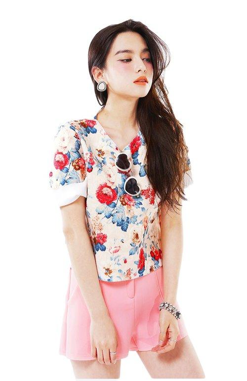 Limited edition one of a kind designer unique floral printed scuba neoprene beige blouse-Blusa