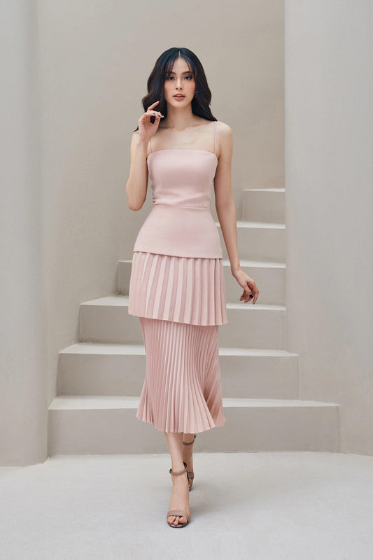 LUXURY ELEGANT SOPHISTICATED  PLEATED SPAGHETTI LAYERED MIDI DRESS - JOAN