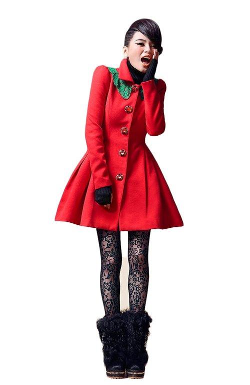 Red lace collar fall winter long high fashion coat jacket- Kenjiio