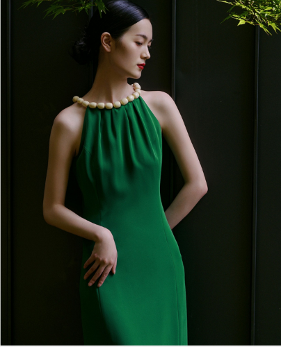 Vintage Ivory Emerald Dress with Halter Neck- Golina XS / Emerald Vintage Ivory Emerald Dress with Halter Neck- Golina XS / Emerald