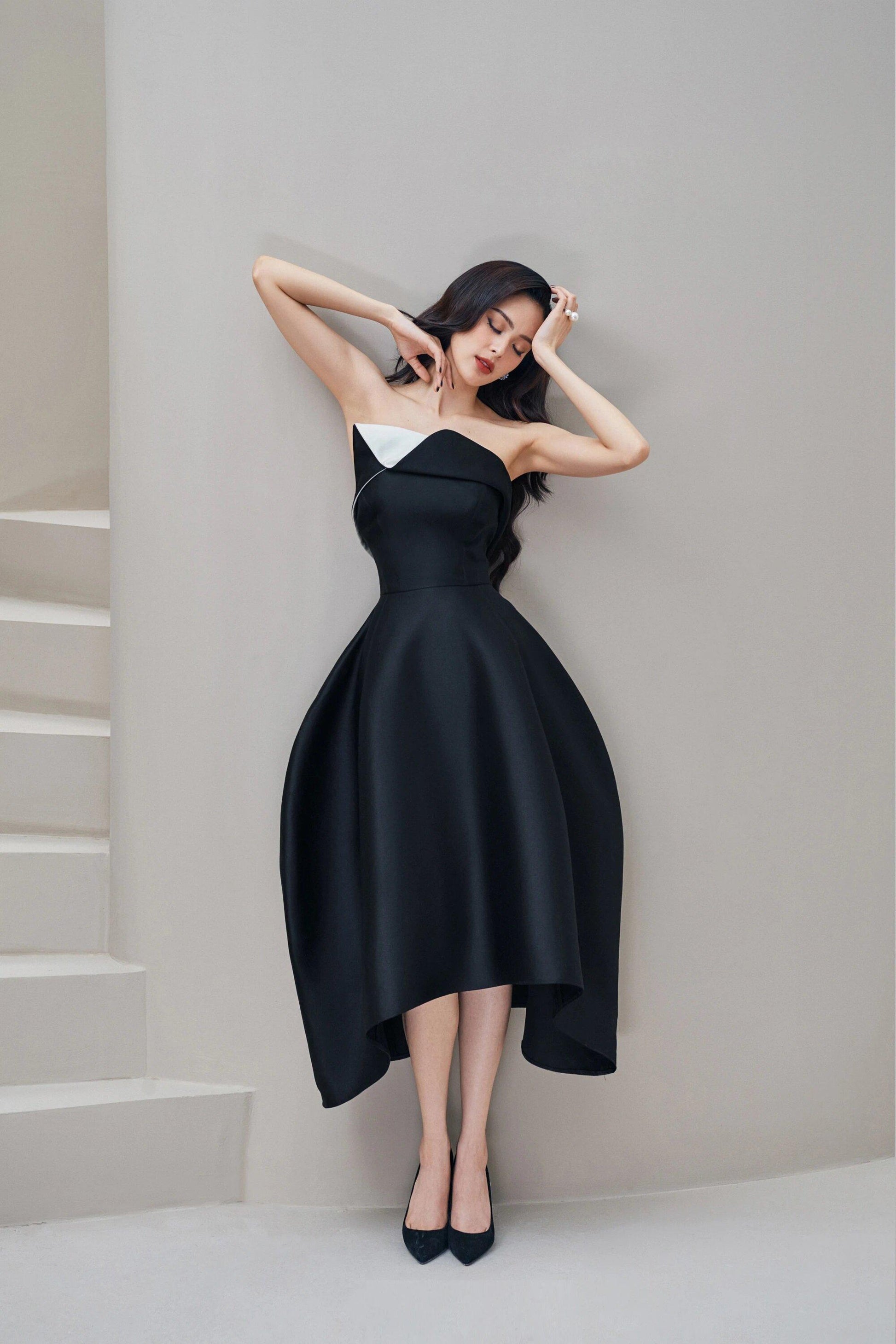Black structure cocoon strapless cocktail lbd midi dress - Ines GOOD GIRL REBEL Black structure cocoon strapless cocktail lbd midi dress - Ines GOOD GIRL REBEL