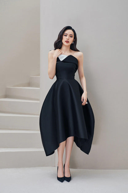 Black structure cocoon strapless cocktail lbd midi dress - Ines