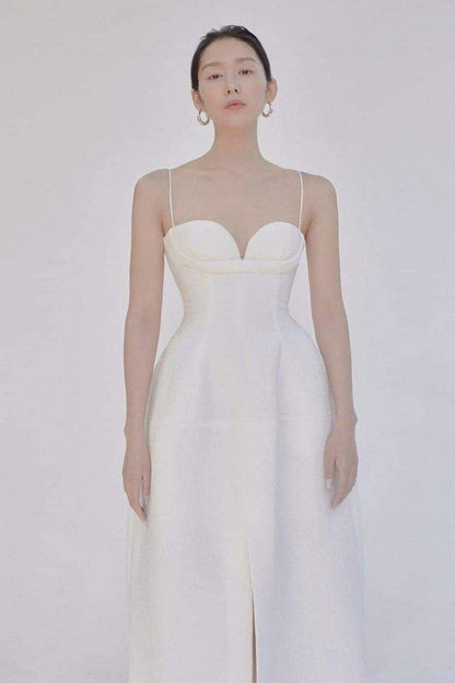 White V-Neck Midi Dress-Eleanor