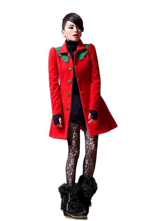 Limited edition designer unique red lace collar fall winter long high fashion coat jacket- Kenjiio