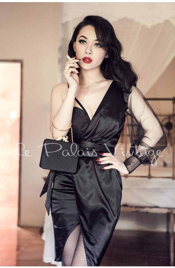 black pinup dress Vintage Retro One shoulder sheer sleeve pinup bustier satin slit lbd Black cocktail dress- Bri M