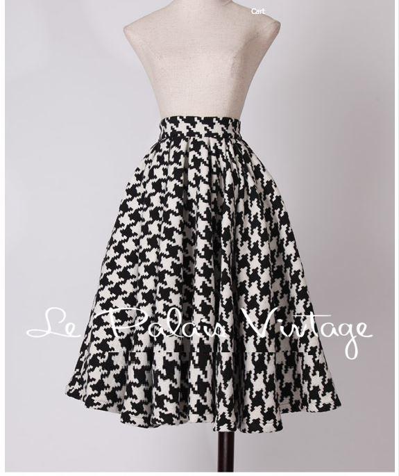 Vintage retro elegant black and white hound's-tooth high waist full skirt- Elia