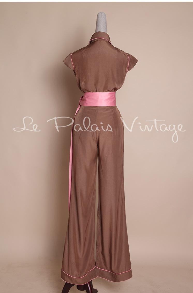 Vintage Retro pin up Silk Khaki brown Wide Leg pant Suit set- Rela