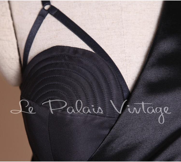 Vintage Retro One shoulder sheer sleeve pinup bustier satin slit lbd black cocktail dress- Bri