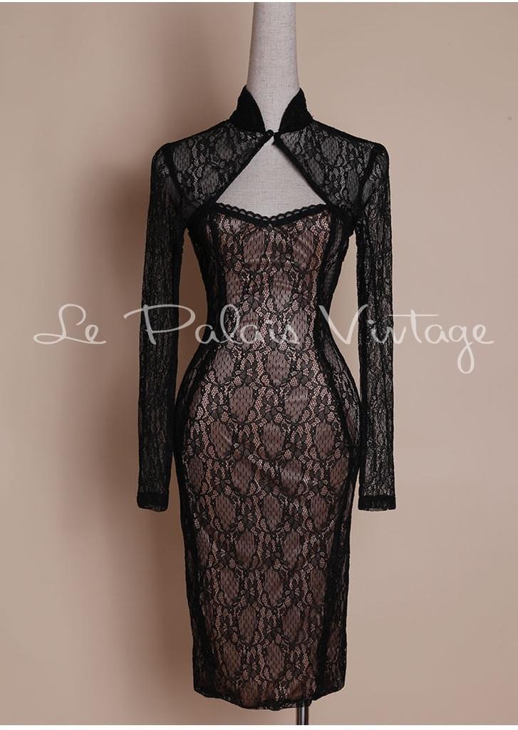 Le Palais vintage retro pin up black lace cut out pencil dress- Hitas