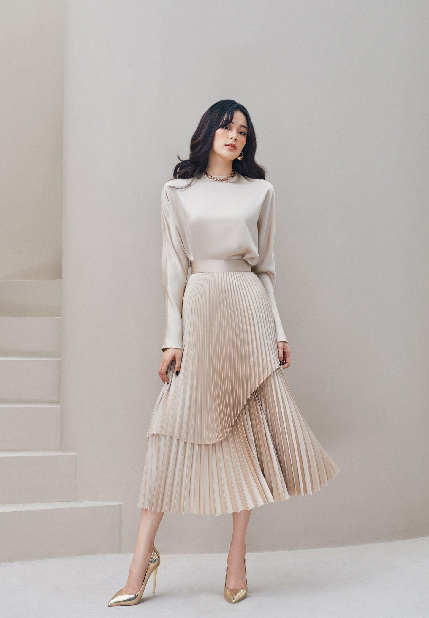 SIERRA SATIN EFFECT PLEATED SKIRT AND LONG SLEEVE TOP TWO PIECE SET- Elana