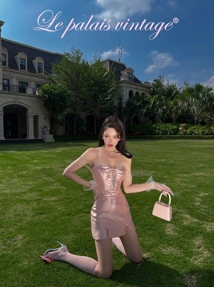 Gorgeous pastel pink deep-v spaghetti strap fishbone corset dress- Adeline
