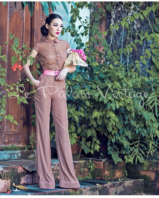 Vintage Retro pin up Silk Khaki brown Wide Leg pant Suit set- Rela